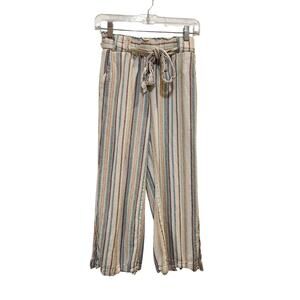 Indigo Rein Blue Stripe Belted Wide Leg Linen Paperbag Pants Casual Lounge Small